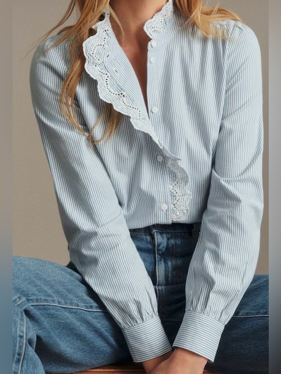 Sezane Tops - Sezane size 40 (US 8) Classic Lace-Trim Stripe Button-Up Blouse - like new